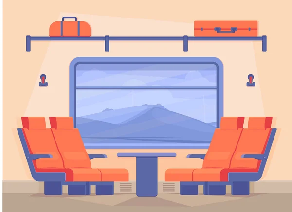 Interieur van een moderne passagierstrein binnen. Reizen met de trein langs het spoor weg in comfort. Vlakke stijl vectorillustratie. — Stockvector