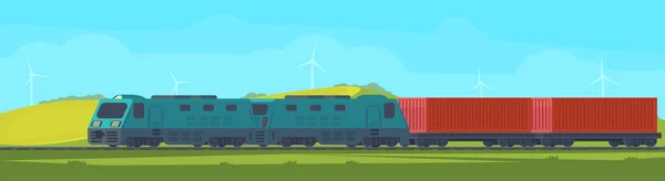 Yük treni konteyner tren araba ile. Demiryolu taşımacılığı. Dağlık bir alanda doğa manzara. Vektör düz çizim.