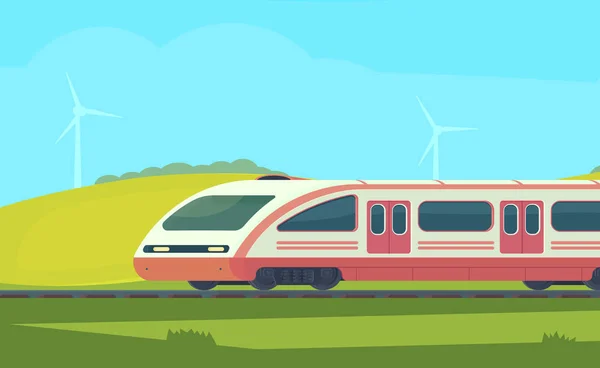 Passeggero moderno treno elettrico ad alta velocità con paesaggio naturale in una zona collinare. Trasporto ferroviario. Viaggia in treno. Illustazione piatta vettoriale . — Vettoriale Stock