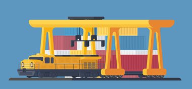 Lokomotif tren ulaşım malın için. Yük konteyneri yükleme işlemi. Deniz bağlantı noktası veya demiryolu Santral Vinci ile tren. Kaldırma ve Taşıma/iş arabaları için mekanizması.