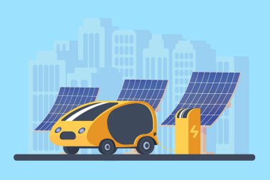 Modern kompakt araç şarj istasyonu ve güneş panelleri şarj. Eko yeşil enerji. Kentsel arka plan.