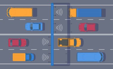 Kablosuz otomatik otoyol koleksiyonu karayolu üzerinde. Paralı yol üzerinde denetim noktası. Yolda farklı araba. Karayolu trafik. Üstten görünüm vektör çizim.