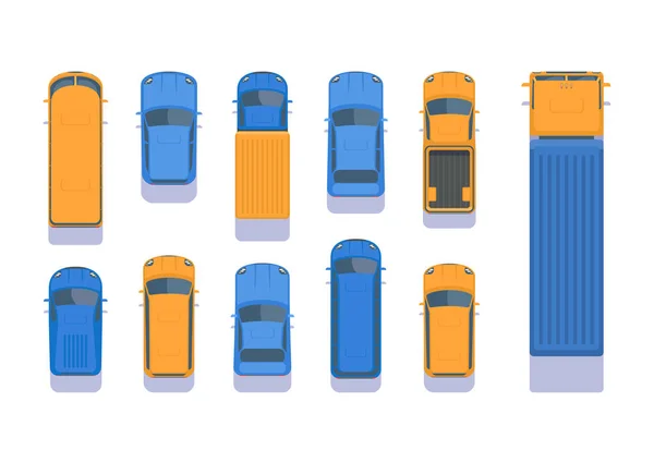 Taşıma farklı türleri kümesi. Boyut üst hava görünüm. Şehir otomobili, aç şu telefonu, Suv, otobüs, kamyon, ağır kamyon, van, mikrobüs. Vektör çizim üzerinde beyaz izole