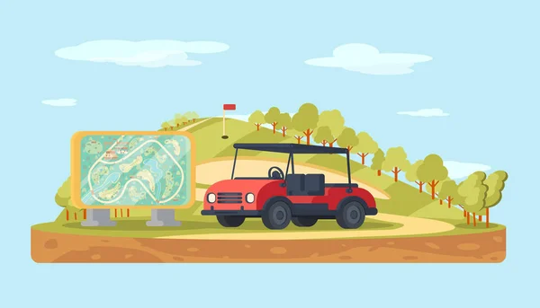 Golf Landskap Med Stativ Karta Och Golf Cart Golfbil Beläget — Stock vektor