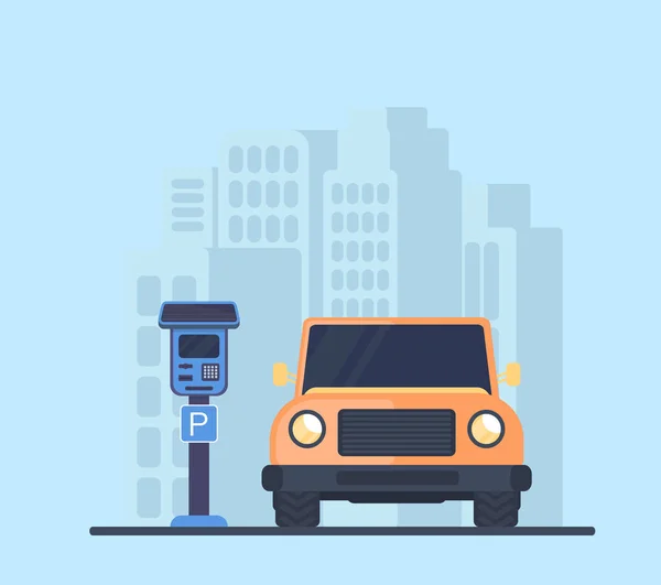Şehir içinde araba park yeri. Elektronik ödeme terminal veya güneş pili ile ücretli otopark için metre. Şehir arka plan düz vektör çizim.
