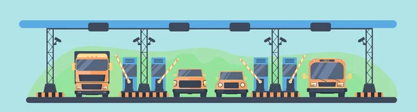 Paralı yol üzerinde denetim noktası. Paralı yol üzerinde geçiş ücretleri ödenmesi. Yolu geçiş ücreti alan taşıma ile. Vektör çizim.