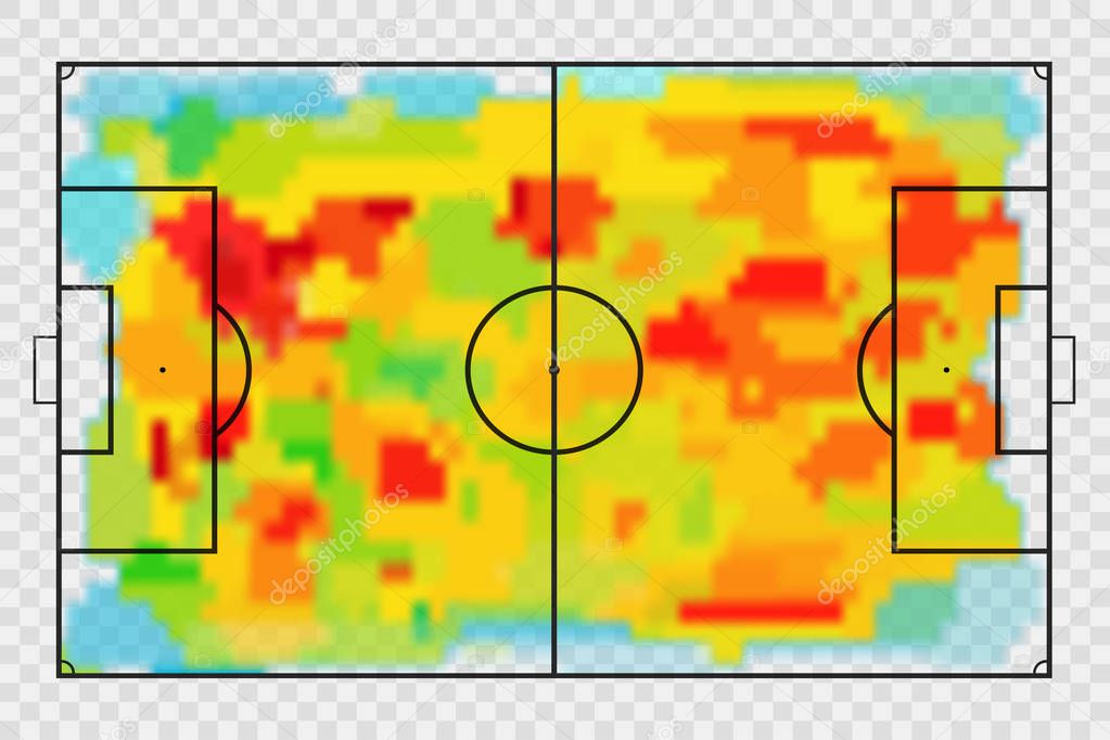 Football or soccer field with heat map. Map of location players during the game. Tactical and strategy football background. Sport background.