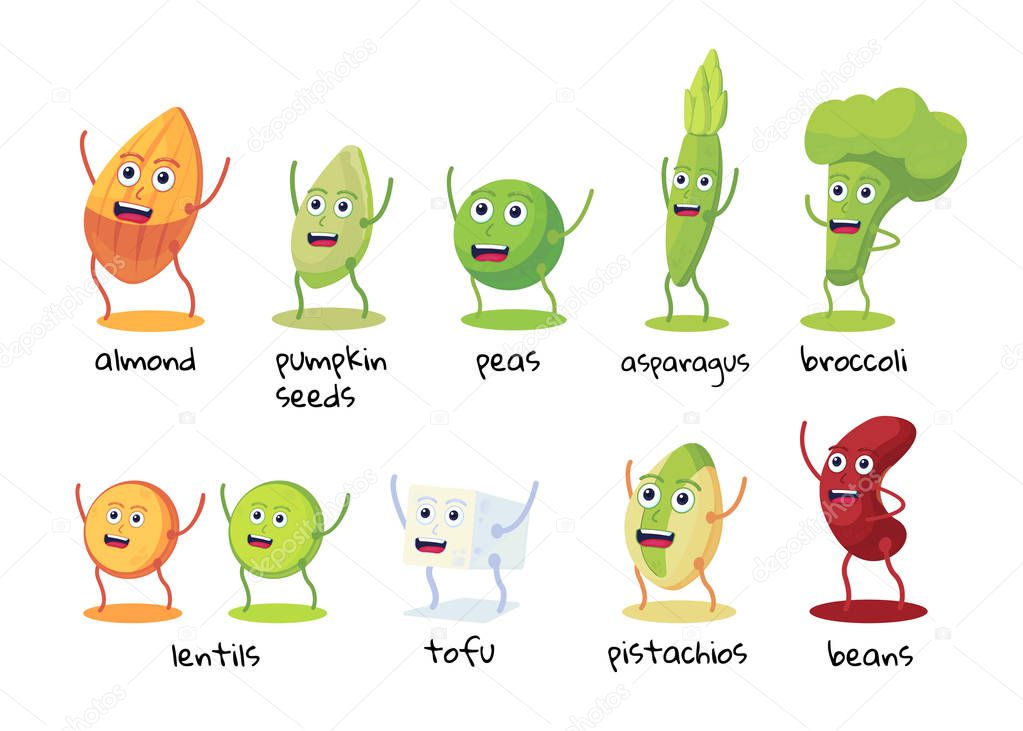 Set of funny character of foods high in protein . Beans, broccoli, asparagus, tofu, peas, lentils, almonds, pistachios, pumpkin seeds. Vegan protein resource Flat vector illustration
