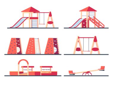 Çocuk plaground Oluşturucu kümesi. Çocuk salıncak, slayt ve tırmanma duvarı ile karmaşık oyun.