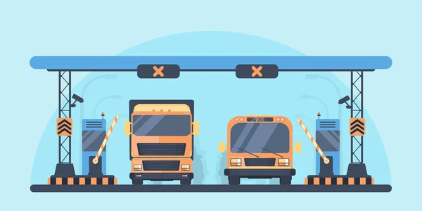 Paralı yol üzerinde denetim noktası. Paralı yol üzerinde geçiş ücretleri ödenmesi. Yolu geçiş ücreti alan taşıma ile. Otobüs ve kamyon kamyon karayolu üzerinde. Vektör çizim.