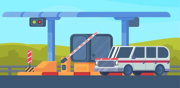 Denetim noktası otoyol otoyol üzerinde. Booth bir yükseliyor ve bariyer düşürülmesi ile. Araba ve yol kenarına yerleştirilen nokta. Yol geçiş ücreti alan taşıma.