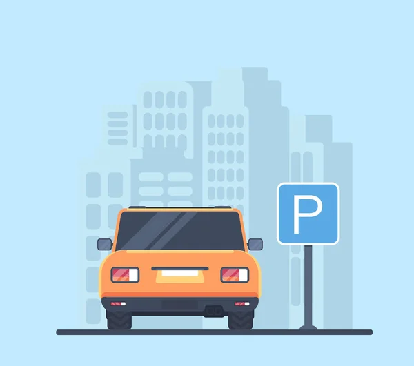 Parcheggio Con Auto Città Firma Parcheggio Illustrazione Vettore Piatto Vista — Vettoriale Stock