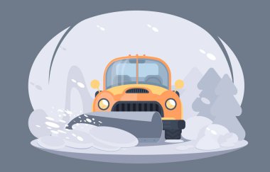 Yol kar kaldırılması işlemidir. Kar temizleme aracı ile kamyon almak. Kış otoyol servis. Düz vektör çizim