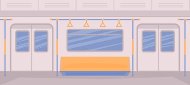 Metro tren arabanın içine. Koltuk, iç giriş ve çıkışlarda, Küpeşte, pencere için bir kapı. Vektör düz çizim.