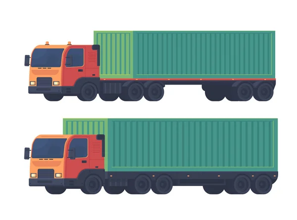 Twee Vrachtwagen Met Oplegger Zeecontainer Voor Levering Van Goederen Logistieke — Stockvector