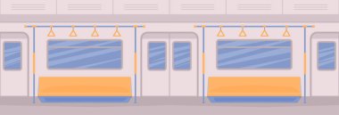 Metro tren arabanın içine. Koltuk, iç giriş ve çıkışlarda, Küpeşte, pencere için bir kapı. Vektör düz çizim.