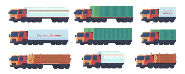 Zestaw Samochodów Ciężarowych Dla Firmy Logistycznej Transportu Lądowego Różnych Paliw — Wektor stockowy