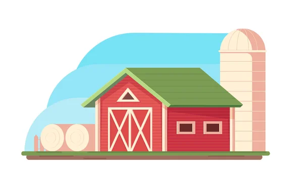 農業であります ファームの風景です 赤い納屋 穀物倉庫の収穫 ホッパー サイロ倉庫 干し草の山 ベクトル フラット図 — ストックベクタ