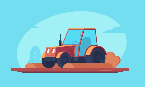 红色农场拖拉机加工农作物和耕田 用于野外和土方工程的重型机械 向量平例证 — 图库矢量图片