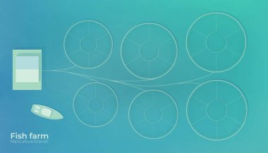 Mariculture. Özel korumalı havuzları açık deniz suda balık çiftliği. Üretim büyüyen ve okyanusta balıkçılık için. Vektör üstten görünüm çizim.