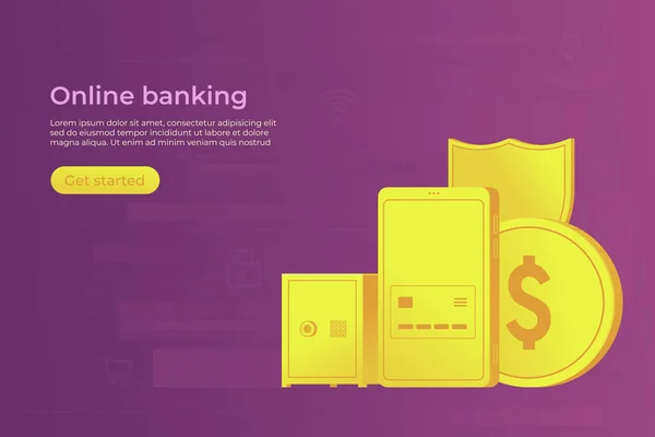 Online Bank Concept Veilige Betaling Smartphone Mobiel Bankieren Webbanner Vectorillustratie — Stockvector