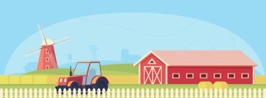 Tarım. Kırmızı ahır, traktör ve yel değirmeni ile çiftlik kırsal manzara. Vektör düz çizim.