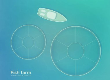 Mariculture. Özel korumalı havuzları açık deniz suda balık çiftliği. Üretim büyüyen ve okyanusta balıkçılık için. Vektör üstten görünüm çizim.