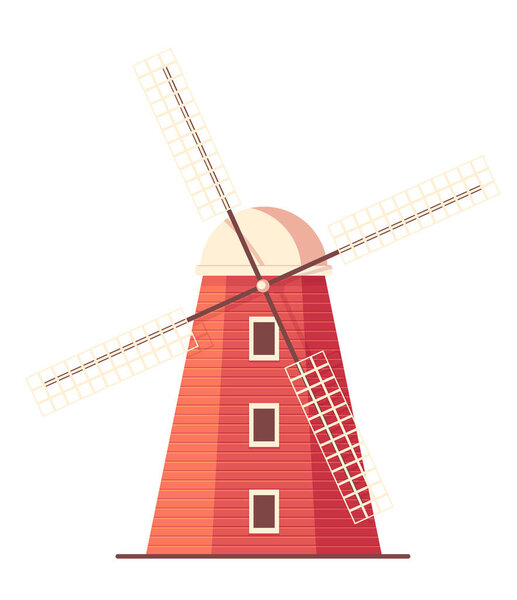 Красная ветряная мельница изолирована на белом. Векторная иллюстрация
.