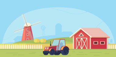 Tarım. Çiftlik kırsal manzara kırmızı yel değirmeni, traktör ve samanlık.