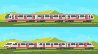 İki yolcu modern elektrikli yüksek hızlı tren ile doğa manzara dağlık bir bölgede. Vektör illustation. Demiryolu Taşımacılığı.