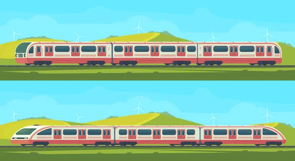 Zwei moderne Elektro-Hochgeschwindigkeitszüge mit Naturlandschaft in einer hügeligen Gegend. Vektorillusion. Eisenbahnverkehr. — Stockvektor