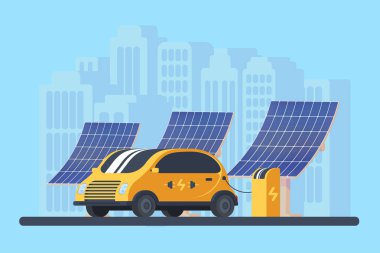 Modern kompakt araç şarj istasyonu ve güneş panelleri şarj. Eko yeşil enerji.