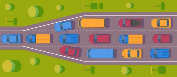 Knelpunt verkeersopstopping. Wegverkeer vertrouwen op de autoweg of autosnelweg. Verschillende auto op weg. Bovenaanzicht vector. — Stockvector