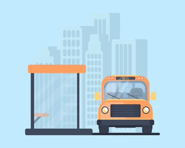 Autobús urbano con parada de autobús. Autobús escolar. Vehículo para el transporte de pasajeros . — Vector de stock