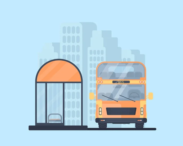 Double-decker bus with bus stop. Vehicle for transportation passangers. Excursion bus. — Stock Vector