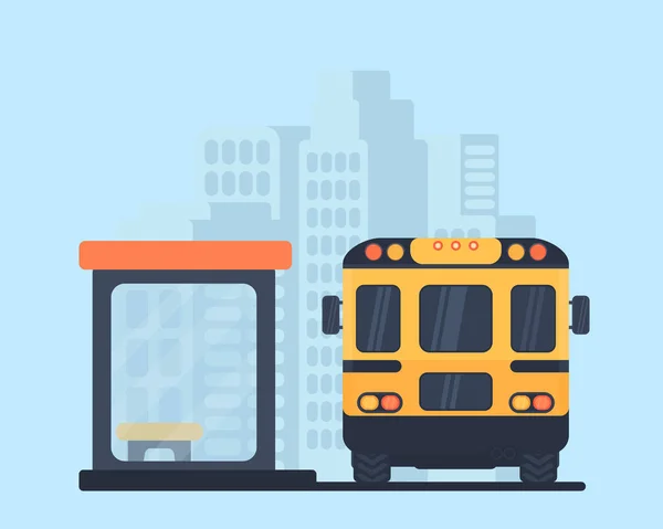 Schoolbus en bushalte. Achteraanzicht vectorillustratie. Achtergrond van de stad. — Stockvector