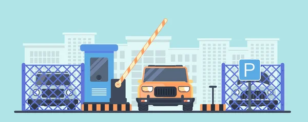 Betalende bewaakte parking voor auto's. Inreis en uitreis via het controlepunt met een stand en een barrière. — Stockvector
