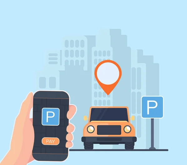 Boeking en betaling voor een parkeerplaats met behulp van een smartphone en de toepassing van een online betaling. Betaal online parkeerplaats. — Stockvector