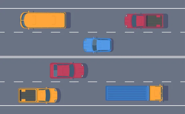 Tráfico por carretera. Libre flujo de máquinas en una carretera de varios carriles. Coche diferente en la carretera . — Vector de stock