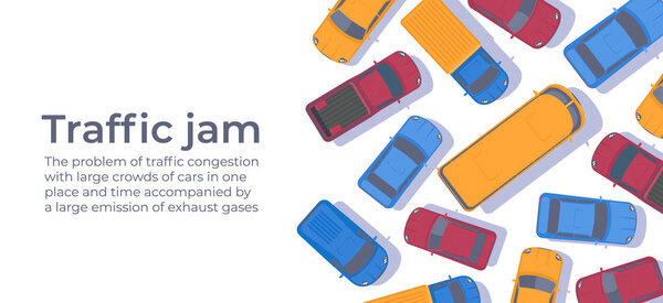Пробки на дорогах. Большое скопление машин. Шаблон веб-баннера или плаката
.