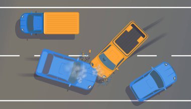 Buruşuk kanatlı iki araba ve tamponlar, windows ve fren kırık arasındaki trafik kazası.