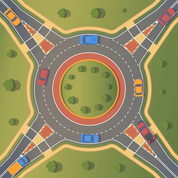 Roundabout road with car. Crossing of highways by type of ring intersection. — Stock Vector