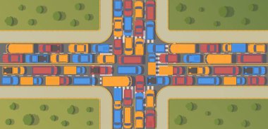 Kavşak üzerinde trafik sıkışıklığı. Araçların büyük yığılmasına. Üstten Görünüm düz illüstrasyon.