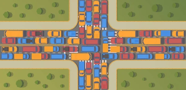 Kavşak üzerinde trafik sıkışıklığı. Araçların büyük yığılmasına. Üstten Görünüm düz illüstrasyon.