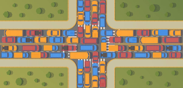 Пробки на перекрестке. Большое скопление машин. Плоская иллюстрация сверху
.