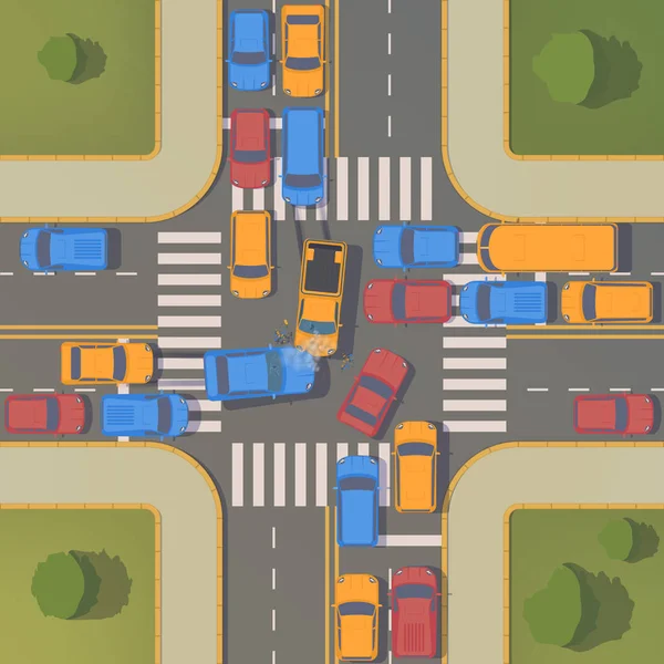 Verkehrsunfall zwischen zwei Autos mit zerknitterten Kotflügeln und Stoßstangen, zerbrochenen Scheiben und Bremsen. — Stockvektor