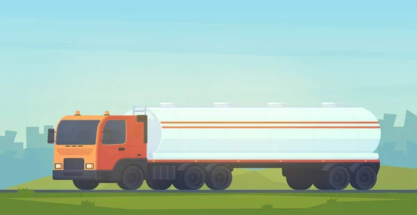 Δεξαμενή φορτηγό μεταφοράς, πετρελαίου, βενζίνης σε πρατήρια καυσίμων, νερού και υγρών ουσιών. Ημι-ρυμουλκούμενο με μια δεξαμενή για το υγρό. Επίπεδη εικονογράφηση διάνυσμα. — Διανυσματικό Αρχείο