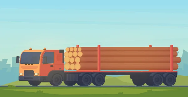 Timmerbil isolerad på vit bakgrund. Lastbil med trailer för transport för obehandlad trä och trävaror. Skogslänkar industrin. Vektorillustration platt stil. — Stock vektor