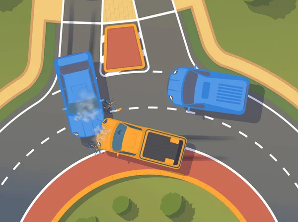 Wypadek drogowy między dwa samochody z zmięty skrzydła i zderzaki, rozbite okna i hamowania. — Wektor stockowy