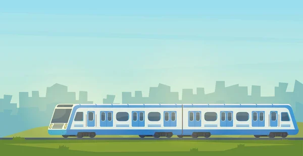 Passeggero moderno treno elettrico ad alta velocità con paesaggio urbano. Trasporto ferroviario. Viaggiare in treno . — Vettoriale Stock